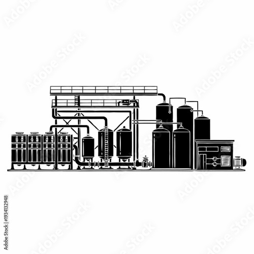 Industrial water treatment plant with tanks and pipes.