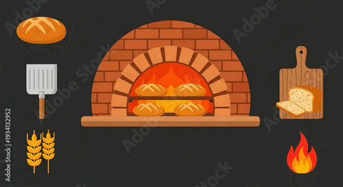 Freshly baked bread loaves in a brick oven with baking tools and ingredients nearby, captured from a straightforward viewpoint.