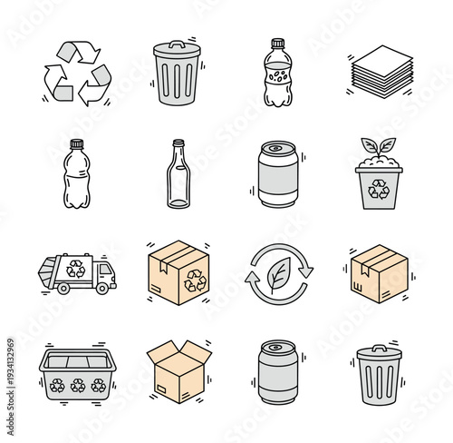 Collection of hand-drawn icons representing recycling and waste management processes