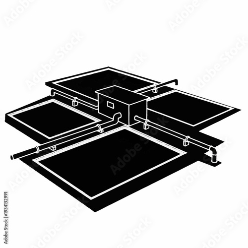 Industrial water treatment system with multiple basins and central processing unit.