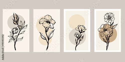 Four botanical wall art prints featuring minimalist floral line drawings