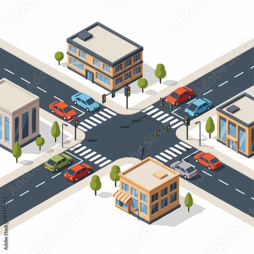 Isometric city intersection with cars and buildings.