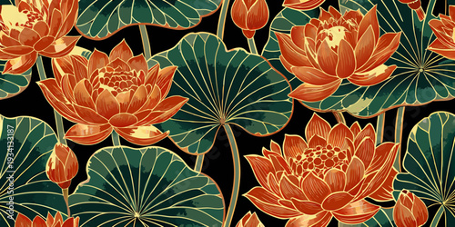 A seamless pattern of vibrant orange lotus flowers and green leaves