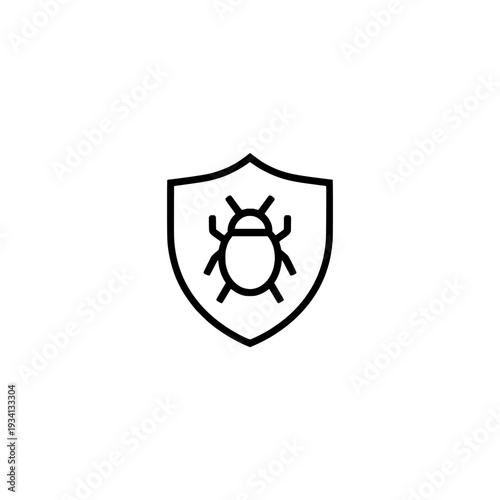 Malware detection icon. Shield with bug symbol. Cyber security and antivirus software protection. Vector illustration isolated on white background.