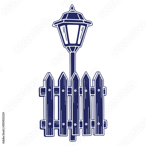 Vintage street lamp with picket fence illustration in blue and white for graphic design projects and creative compositions