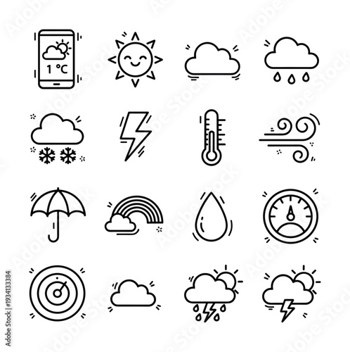Collection of weather icons including sun, clouds, rain, snow, and lightning