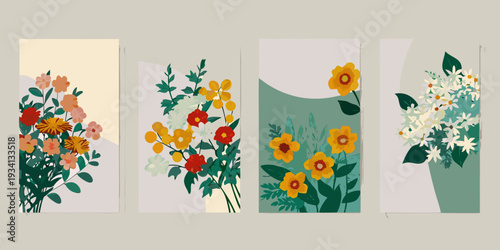 Four botanical wall art prints displaying colorful floral arrangements