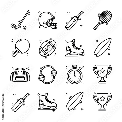 Collection of hand-drawn sports equipment icons in a simple doodle style
