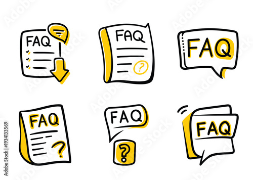 Collection of Hand Drawn FAQ Illustration Concept, Frequent Questions Icon Set