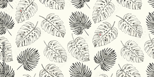 A seamless pattern of hand drawn monstera leaves on a cream background