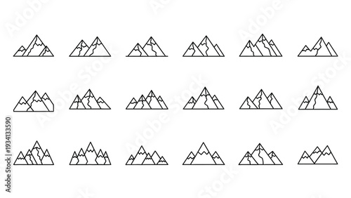 Collection of minimalist outline vector graphic illustrations depicting various stylized mountain ranges perfect for outdoor adventure branding designs