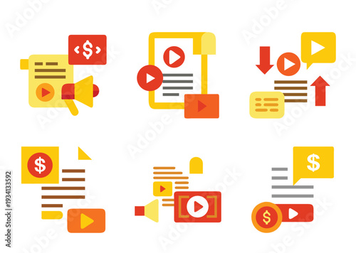 Illustrations of business monetization strategies through marketing, advertising, and video production