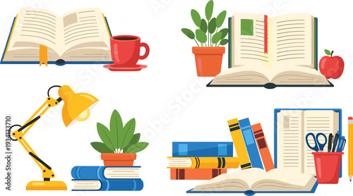 Books and study workspace vector collection with open book lamp coffee plant and stationery