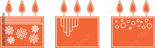 Cake boxes tied in a bow, sweet cake with white icing, cake production icons	