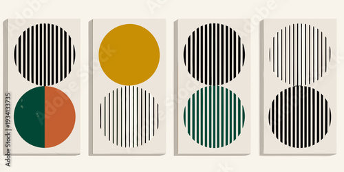 Abstract geometric art featuring circles and lines in a four panel arrangement