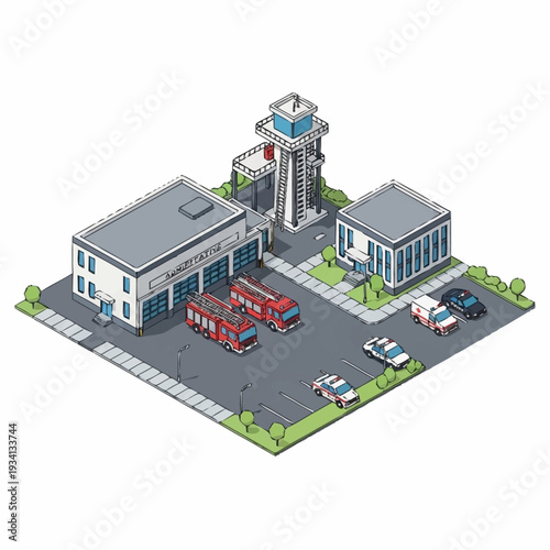 Isometric Pixel Art Fire Station with Emergency Vehicles and Buildings.