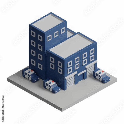 Isometric Police Station Building with Patrol Cars.