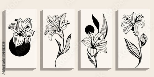 Minimalist botanical wall art featuring elegant lily flower illustrations