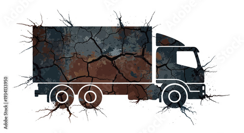 Cracked truck silhouette, concept of damage, decay, or breakdown