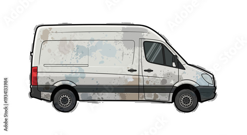 Dirty white delivery van with paint splatters, side view, isolated on white background