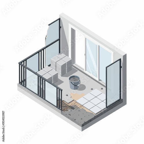 Isometric view of a balcony undergoing renovation with new tiles being installed.