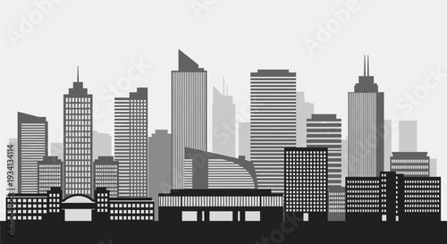 A grayscale silhouette of a modern city skyline with towering buildings