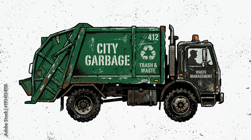 Green Garbage Truck with City Garbage Text and Recycle Symbol