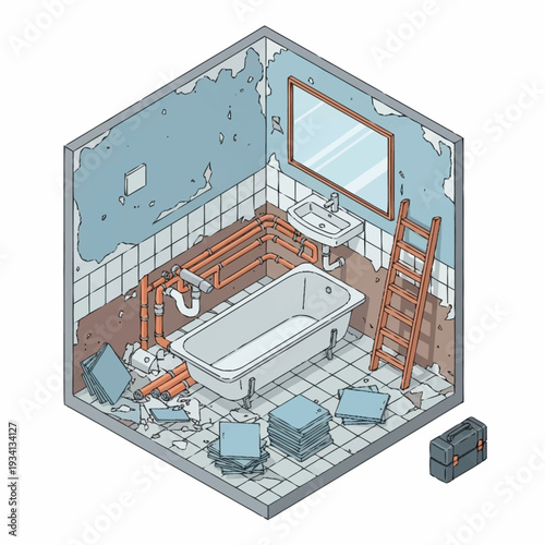 Isometric view of a bathroom undergoing renovation with exposed pipes and construction materials.