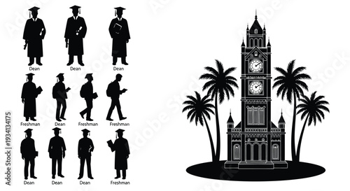 Silhouettes of graduates and university buildings with tropical foliage