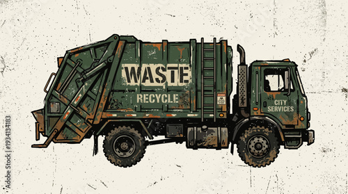 Grungy green garbage truck with "WASTE RECYCLE" text, side view illustration