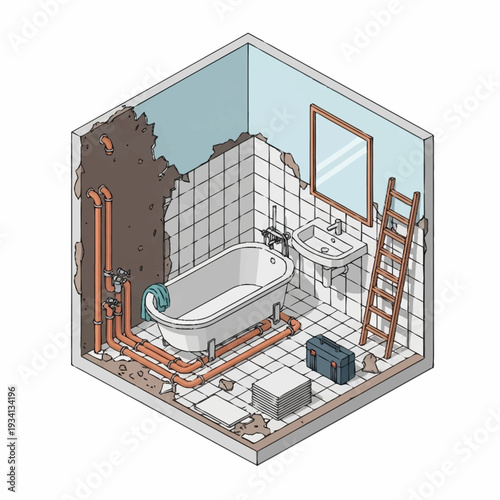 Isometric view of a bathroom undergoing renovation with exposed pipes and damaged walls.