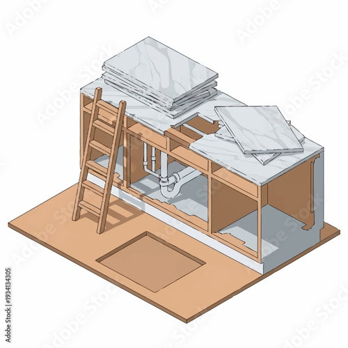 Isometric view of a kitchen cabinet frame under construction with a ladder and building materials.