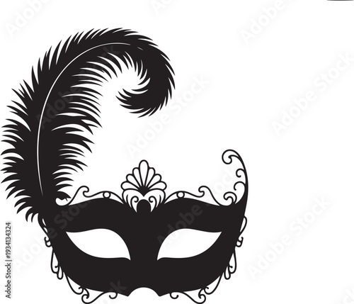 Black masquerade mask with feather ornate