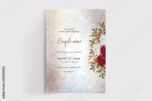 WEDDING INVITATION FRAME WITH FLOWER DECORATIONS AND FRESH LEAVES