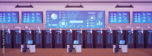 Big data control center interior, vector flat computer system equipment and analyzing graphs on screens in server room