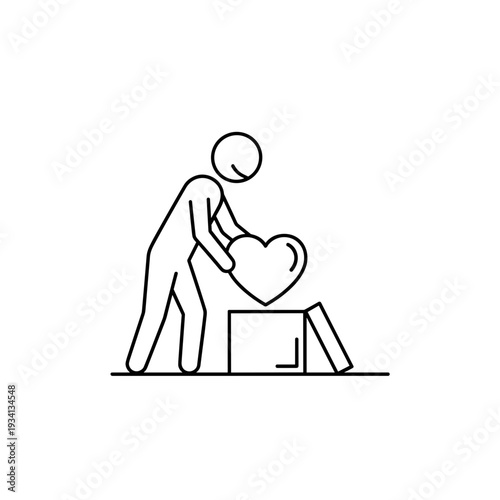 Person placing heart in box, symbolizing donations, charity, giving back, community engagemen