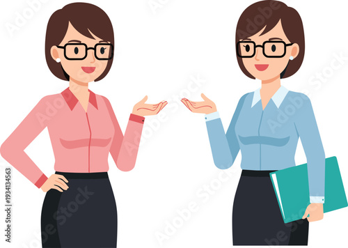 Professional businesswoman with glasses holding folder, corporate female employee illustration isolated on white background design