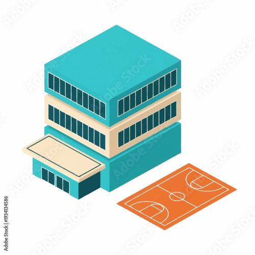 Isometric view of a modern building with a basketball court.
