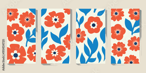 Four panels displaying a repeating floral pattern with orange and blue