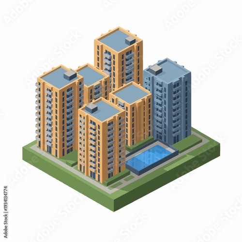 Isometric view of a modern residential complex with multiple high rise buildings and a swimming pool.