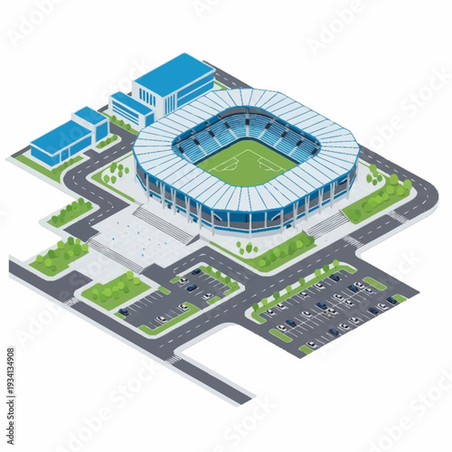 Isometric View of a Modern Sports Stadium with Surrounding Infrastructure.