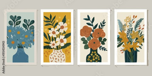 Four botanical wall art prints featuring colorful floral arrangements in vases