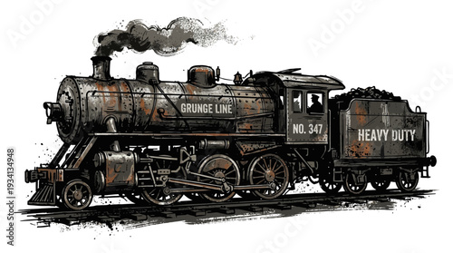 Vintage steam locomotive, grunge style illustration, white background