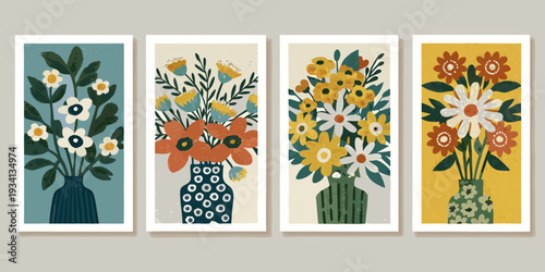 Four botanical prints featuring colorful floral arrangements in vases