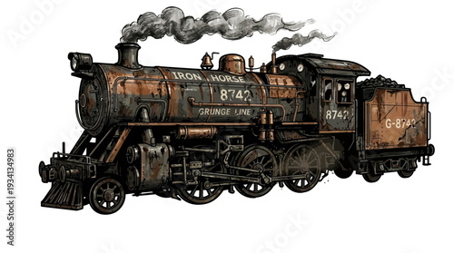 Vintage steam locomotive, rusty, detailed illustration, white background