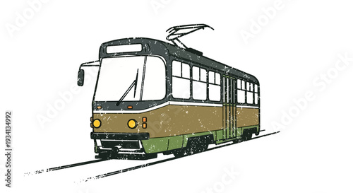 Vintage tram on tracks, retro public transport illustration with grunge texture