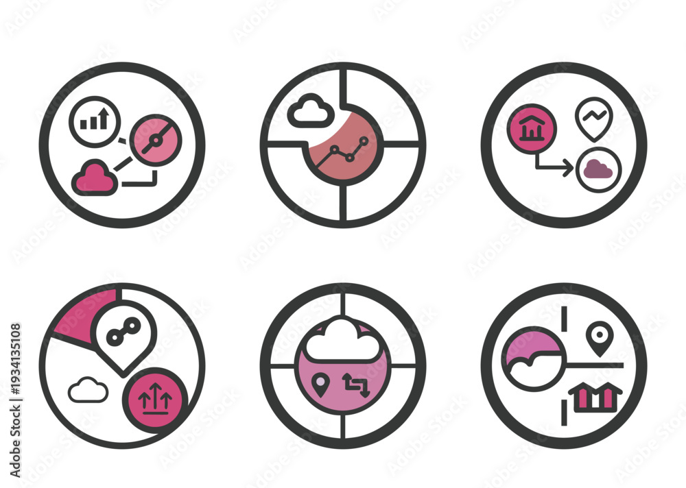 Fototapeta premium Pink and gray vector icons representing business concepts and data management solutions