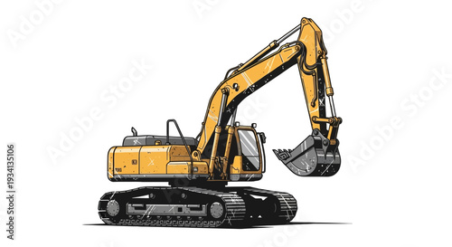 Yellow excavator construction vehicle isolated on white background, powerful digging machine