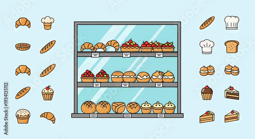 A colorful display of various baked goods on shelves and around in a bakery