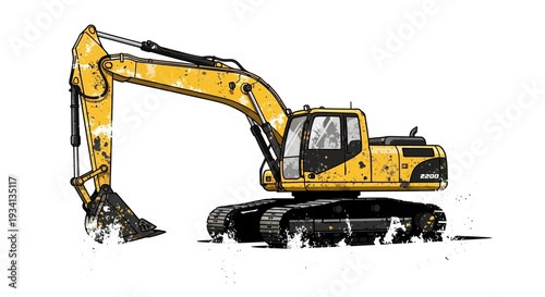 Yellow excavator digging in mud